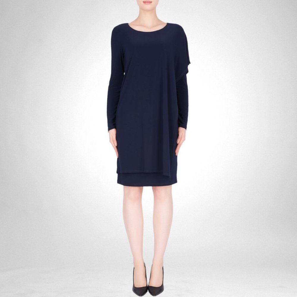 Joseph Ribkoff Navy Long-Sleeve Draped Shift Dress